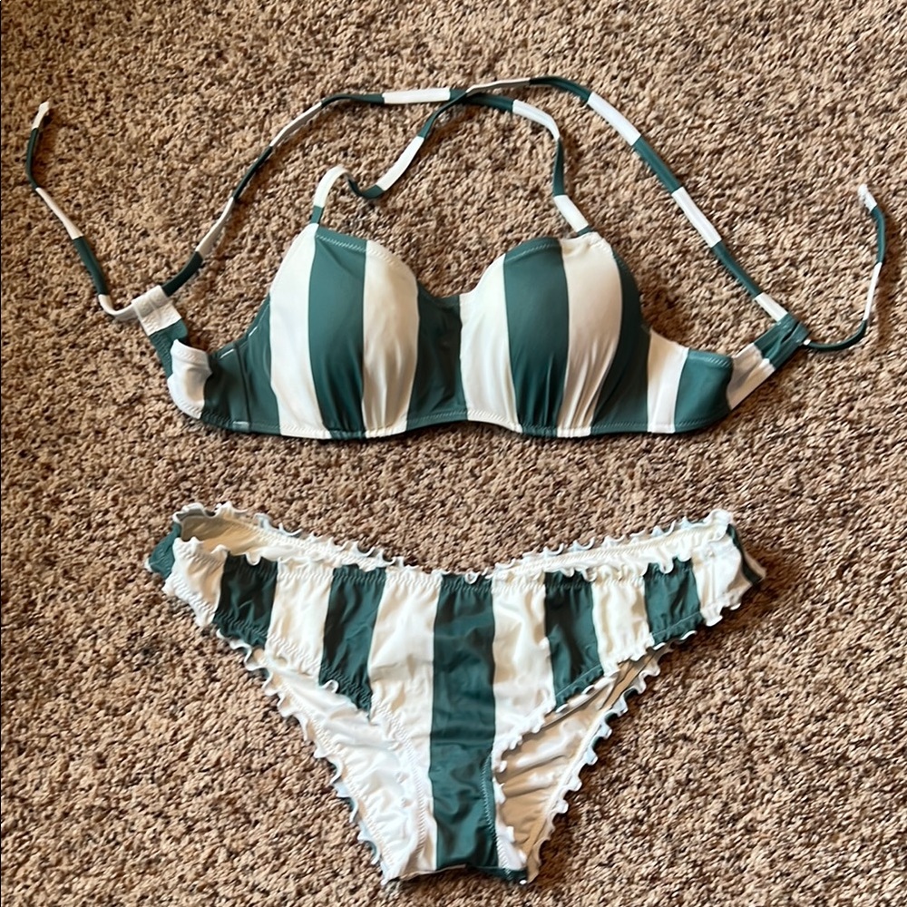 Shade & Shore Green and White Bikini with Adjustable Ties